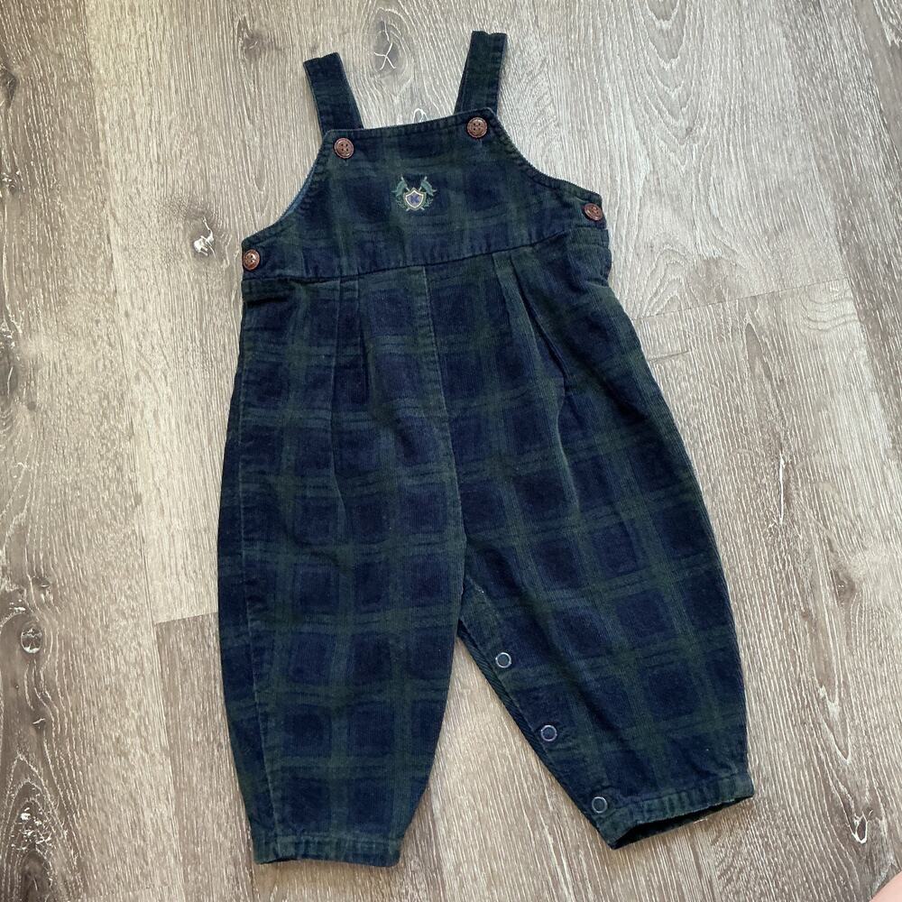 Vintage Hartstrings Baby Blue Green‎ Plaid Corduroy Logo Overall Romper 18M